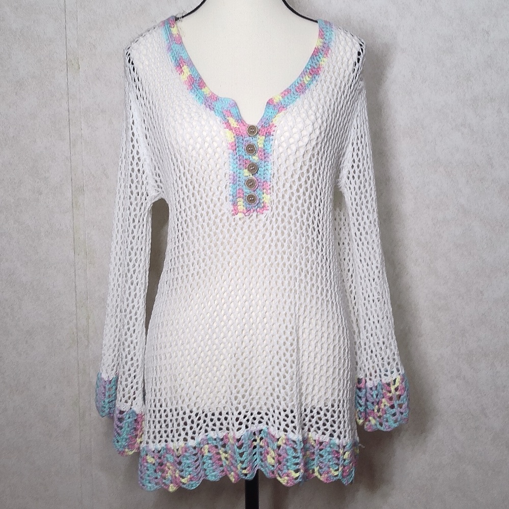 NWOT Pol Colorful Coverup Bell Sleeves Beautiful White & Pastels Swim Beach Sz S